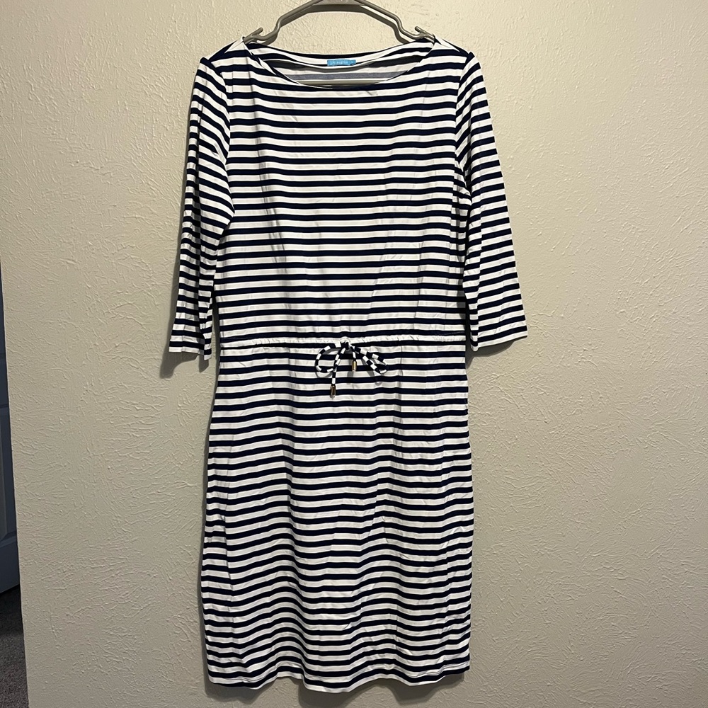 J McLaughlin Womens Midi Dress Navy White Stripe 3/4 Sleeves Tie Waist Stretch L